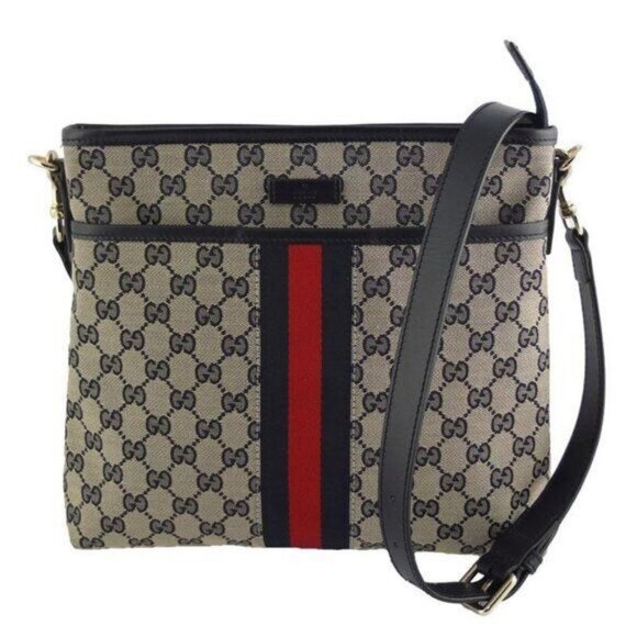 Authentic Gucci GG Supreme Ophidia Sherry Line Crossbody Bag Web Canvas Navy Tan - Picture 1 of 16